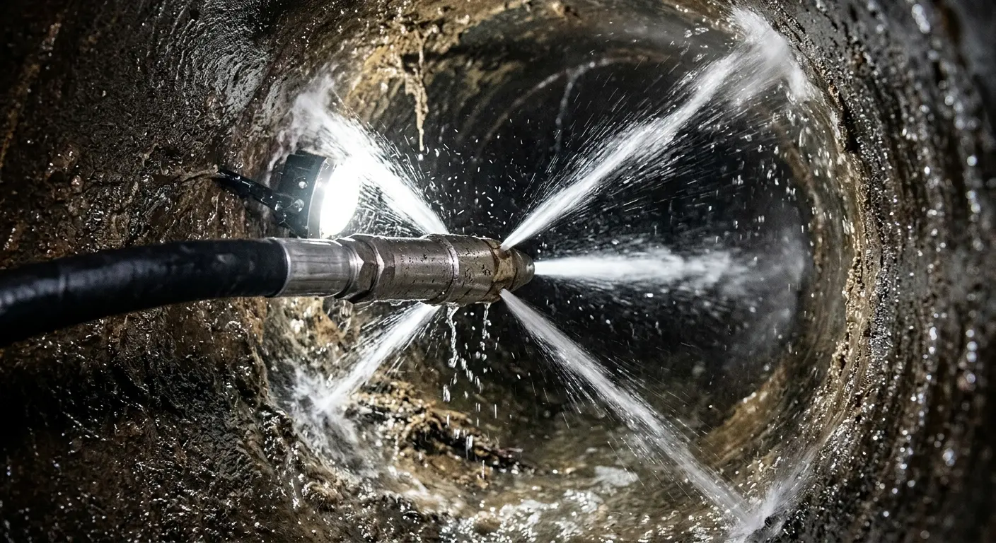 High-pressure hydro jetting nozzle cleaning sewer pipe for Emergency Drain Service in Cornelia