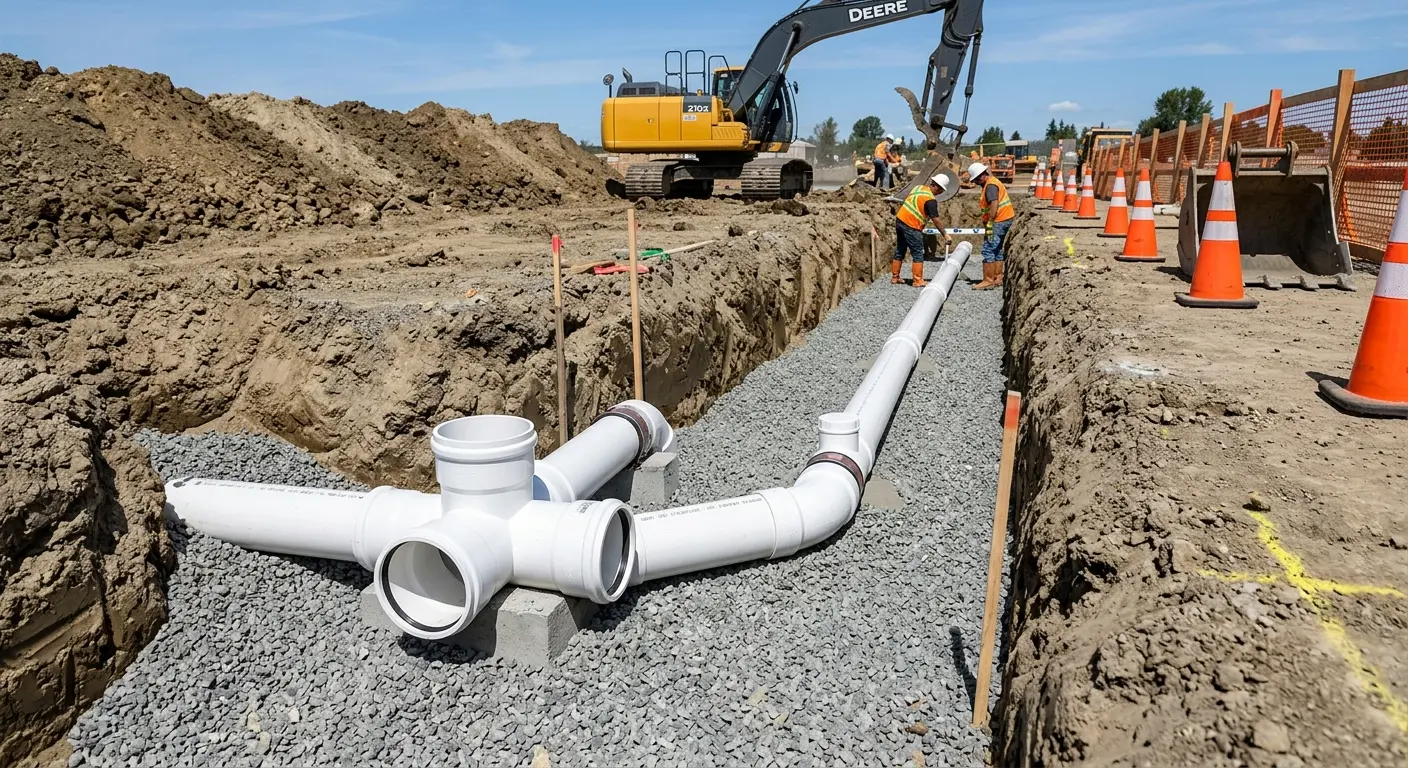 New PVC sewer pipe installation in open trench for Sewer Backup in Cornelia