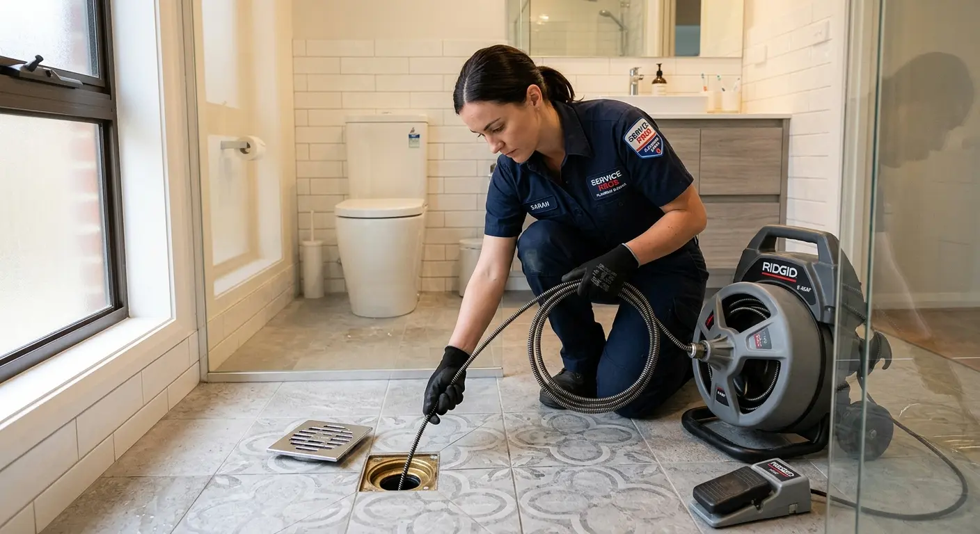 Technician clearing a bathroom floor drain for Sewer Line Installation in Cornelia